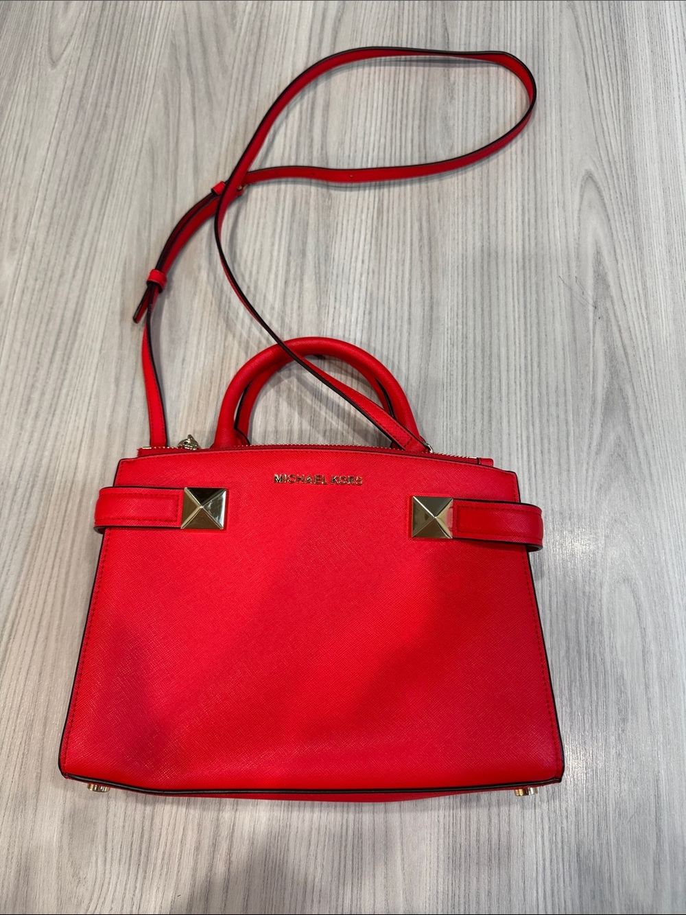 Michael Kors Bright Red Saffiano Leather Satchel with Gold Accents